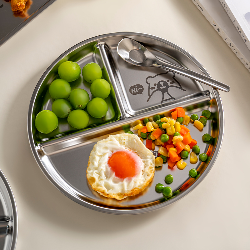 211减脂餐盘304不锈钢圆形分格餐盘减肥专用三格备菜盘定量分餐盘
