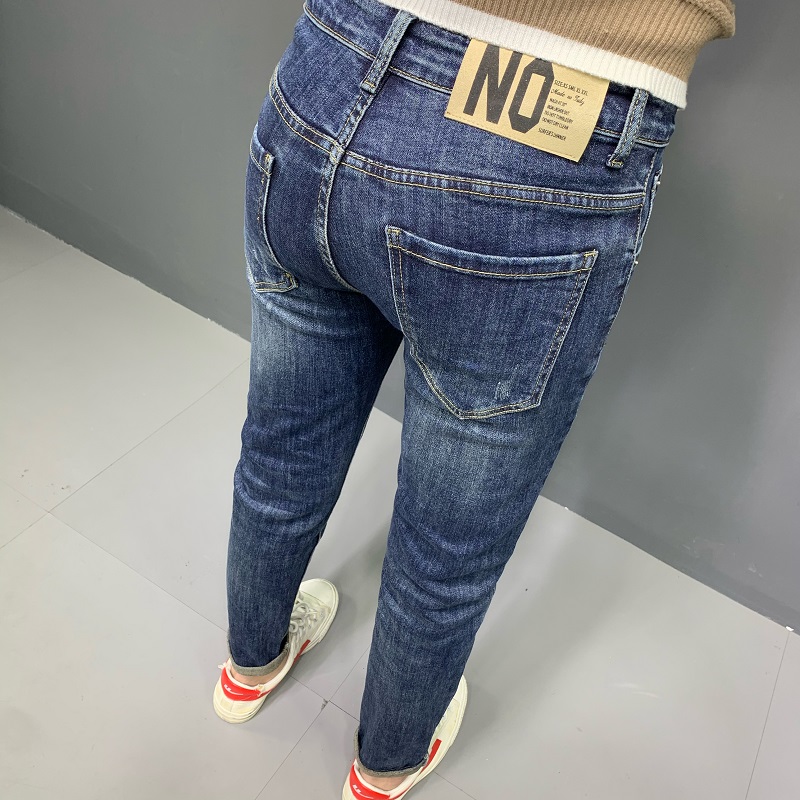 牛仔裤男九分秋冬美式高端潮牌修身小脚蓝色休闲水洗复古痞帅长裤