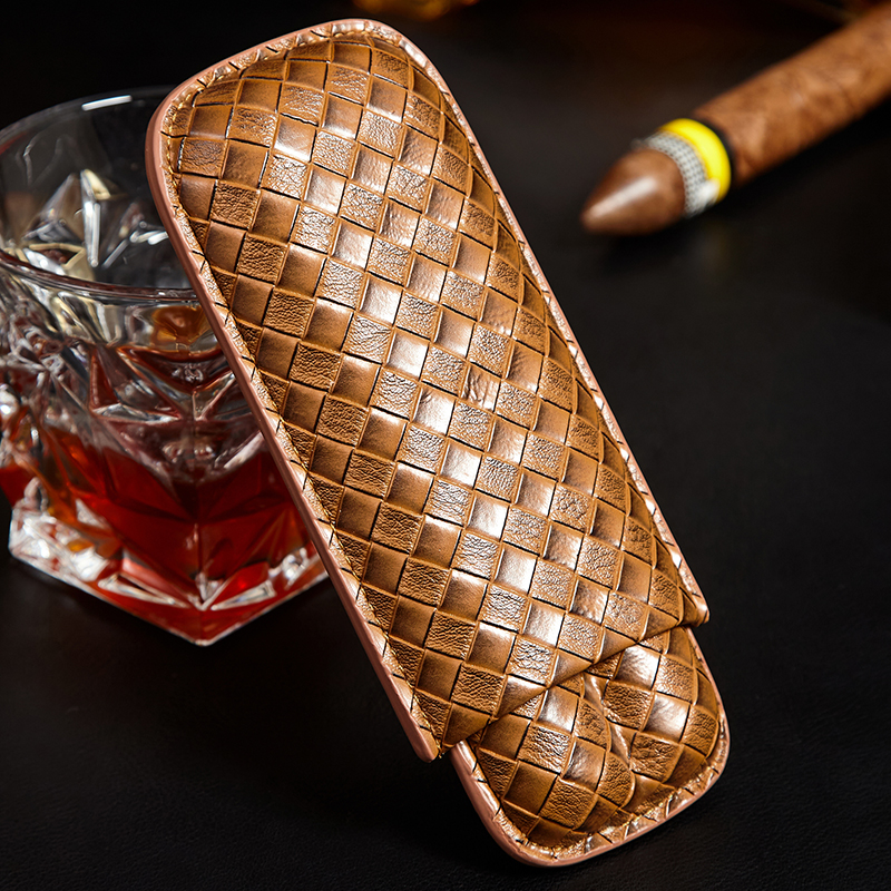 LUXFO雪茄盒便携皮套2支装编织纹雪茄套3支装实木雪茄保湿管烟盒