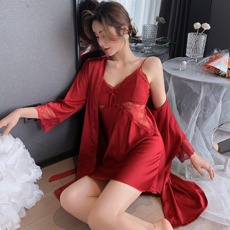 新款红色本命年性感睡衣女春秋薄款冰丝吊带睡裙袍夏季性感两件套