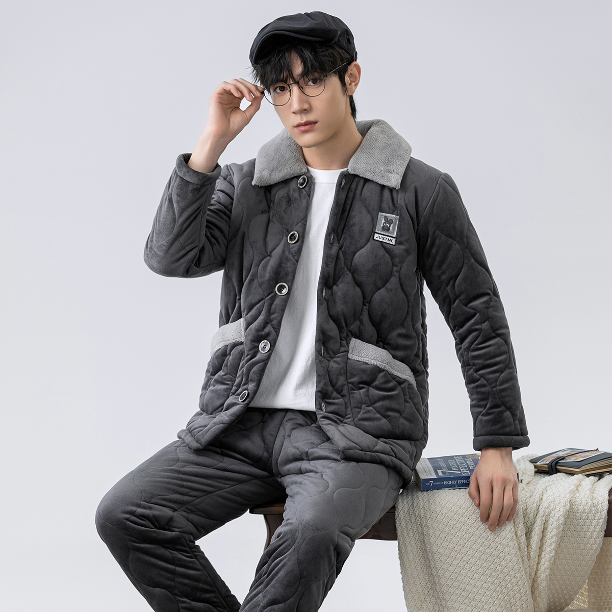 乐姿梦睡衣男冬季三层加厚保暖夹棉袄珊瑚绒家居服大码青少年套装