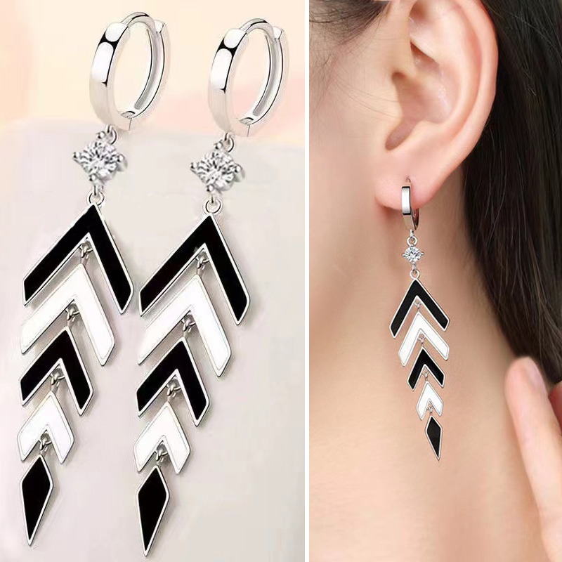 925银耳饰 纯银美人鱼鱼骨耳环节节高耳坠黑白时尚气质百搭轻奢