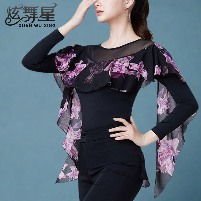 拉丁舞上衣女新款气质印花华尔兹舞蹈服高级感圆领长袖交谊舞服装
