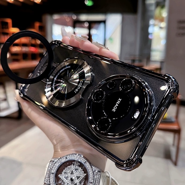 适用华为mate60pro/50/40苹果15P四角防摔带镜头膜支架透明手机壳