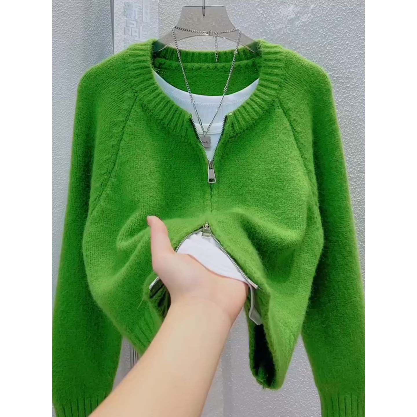 韩版秋冬新款毛衣外套女简约百搭圆领包袖宽松针织衫软糯中长款上