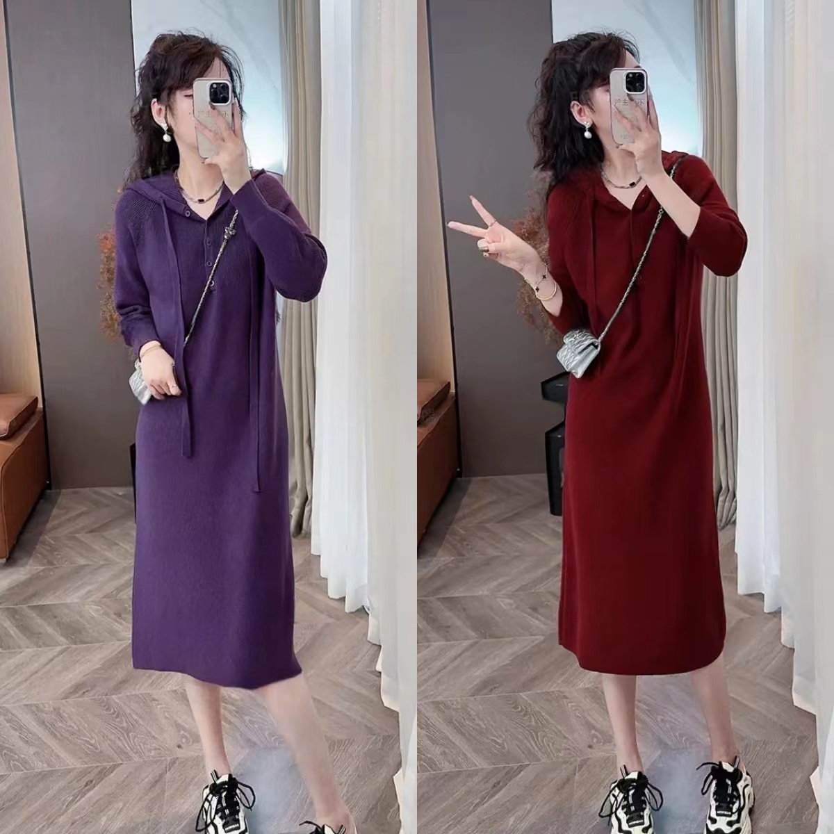 法式连帽针织连衣裙女秋冬新款小个子慵懒宽松休闲打底毛衣裙