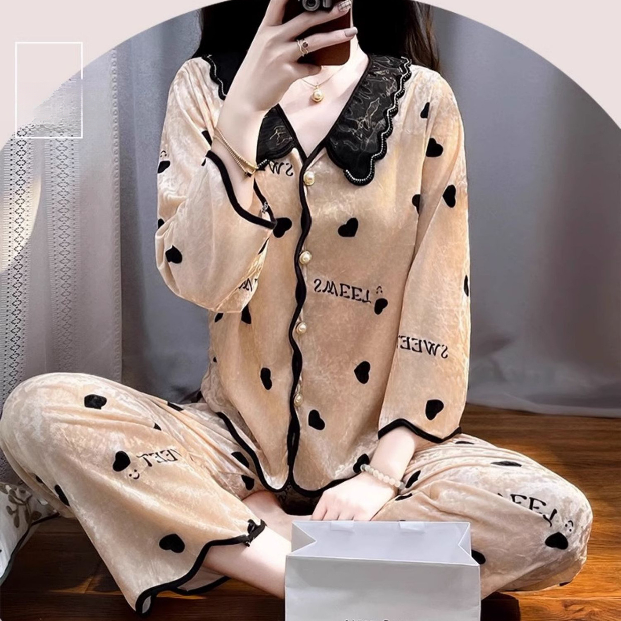 小爱心金丝绒睡衣套装女秋冬季甜美睡衣女娃娃领可外出家居服女Y