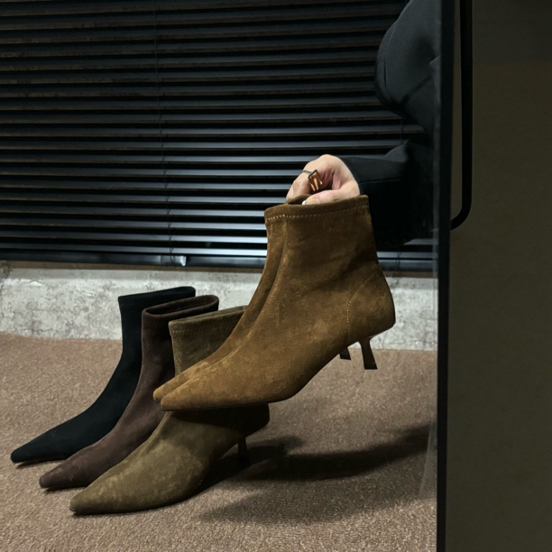 2024秋冬季新款低跟裸靴绒面尖头细跟高跟短靴套筒弹力瘦瘦靴女
