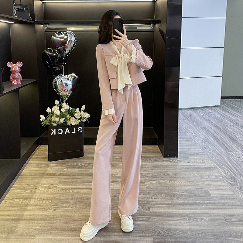 2025春秋新款时尚套装法式V领蝴蝶结短款西装外套阔腿裤两件套女