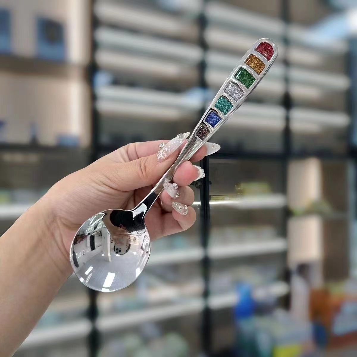 304不锈钢彩虹勺子七彩珐琅勺西餐汤匙家用调羹彩虹高颜值B03