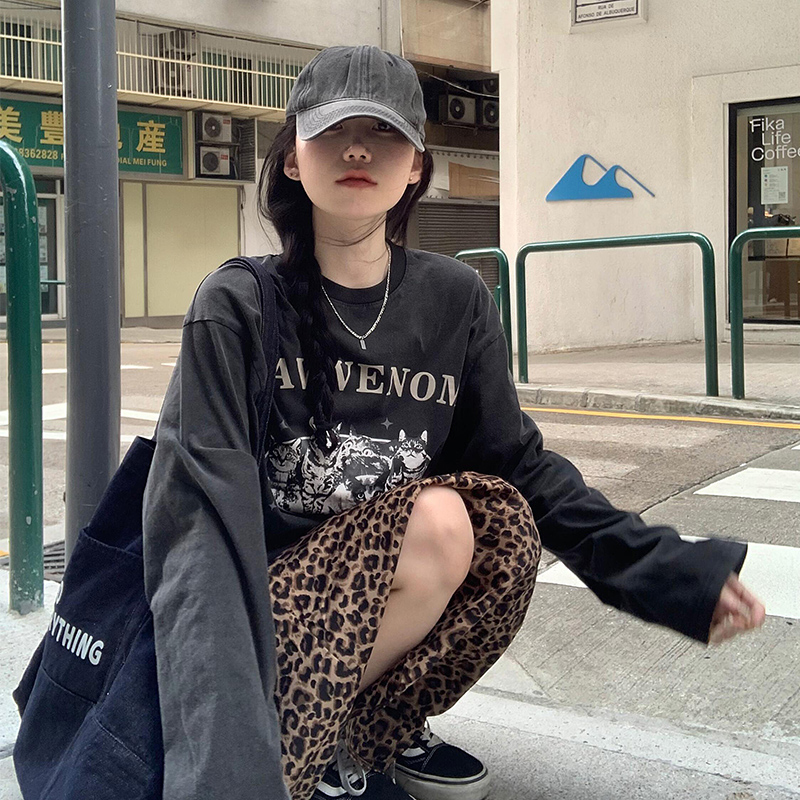 美式印花中长款T恤女秋季重磅复古水洗做旧黑慵懒风宽松休闲长袖