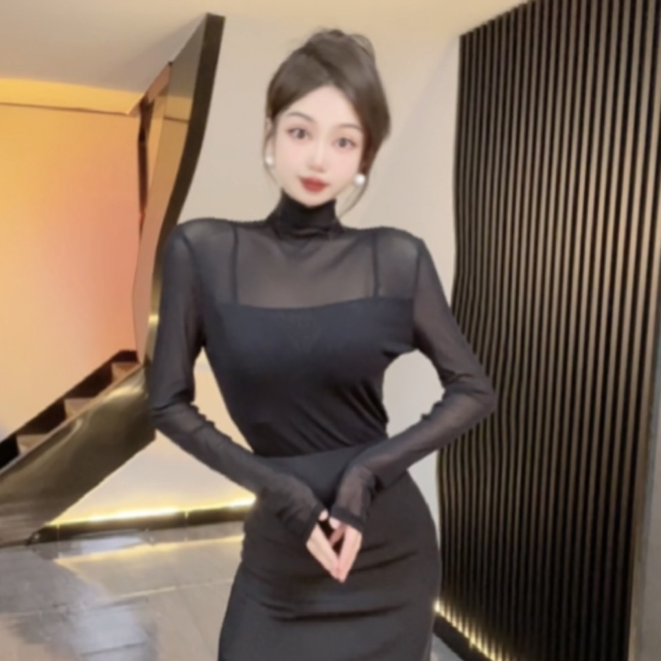 小半高领网纱黑色打底衫女士高端长袖T恤2025新上衣女神范
