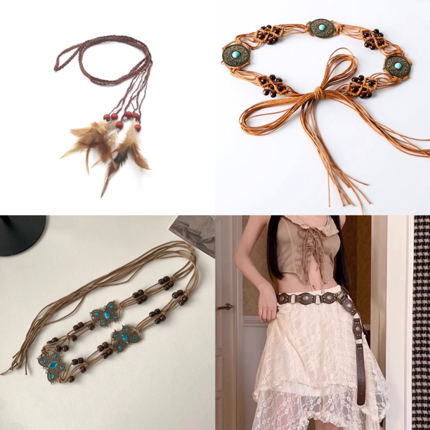 百搭！民族风编织腰带羽毛木珠麻花头饰腰封两用腰带