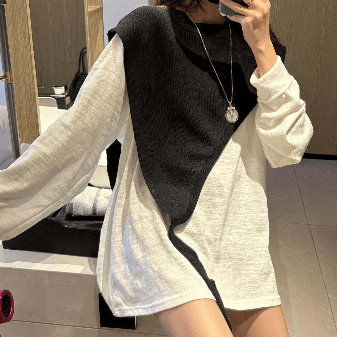 【韩版披肩】高领系带黑色针织百搭时尚披肩外搭马甲小众休闲纯色