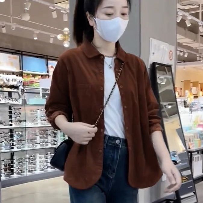 纯色休闲法式灯芯绒POLO领衬衫洋气短款气质秋冬女装显瘦宽松外套