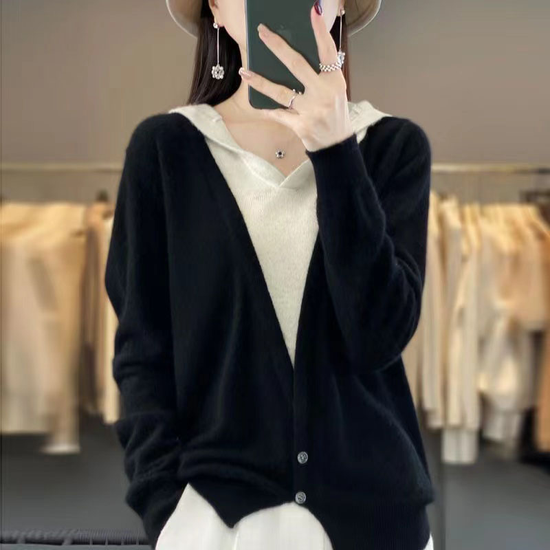 2024秋冬新款针织连帽毛衣女宽松假两件遮肚子开衫上衣外套打底衫