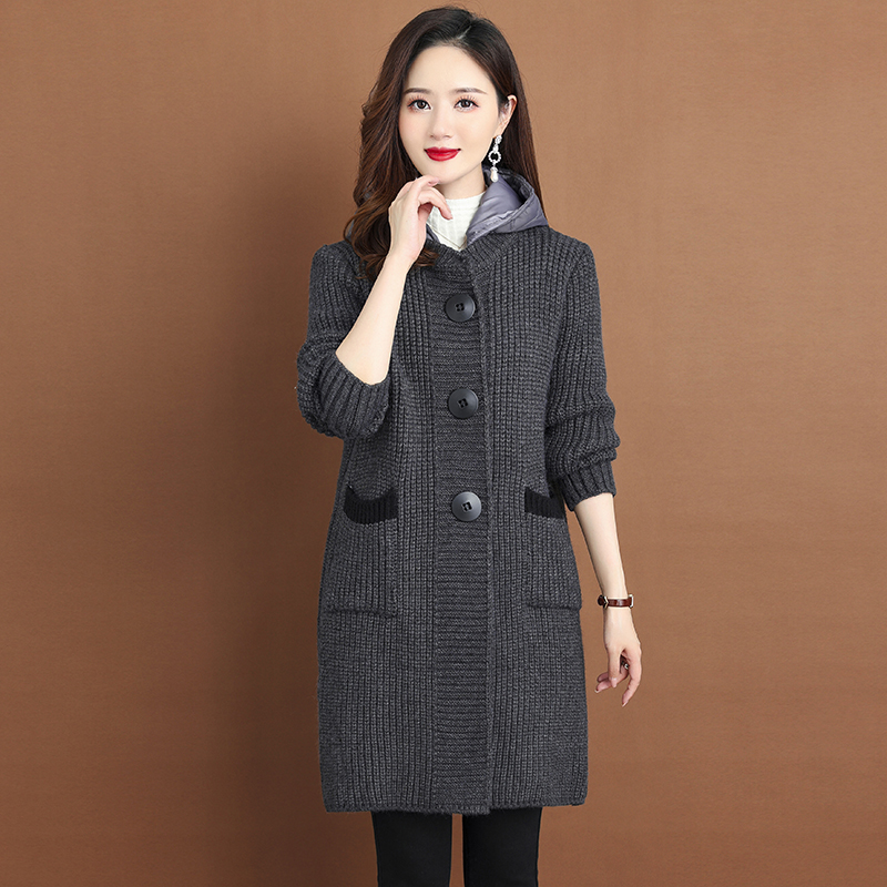 连帽毛衣外套女士秋冬装新款宽松洋气针织开衫女外搭时尚大衣潮