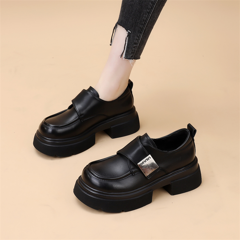 真皮厚底小皮鞋女2024春夏新款魔术贴百搭乐福鞋英伦风增高女单鞋