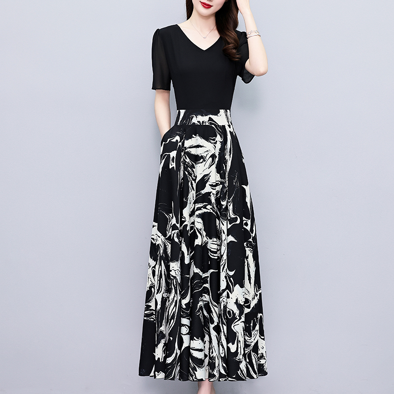 2025夏季新款高档印花雪纺连衣裙长款大码胖mm收腰显瘦遮肚子长裙