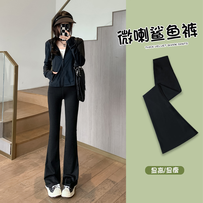 黑色鲨鱼皮喇叭裤女春秋2024新款高腰显瘦外穿瑜伽提臀紧身微喇裤