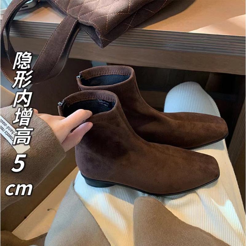 小个子内增高5cm法式方头复古棕色绒面粗跟短靴拉链平底马丁靴女