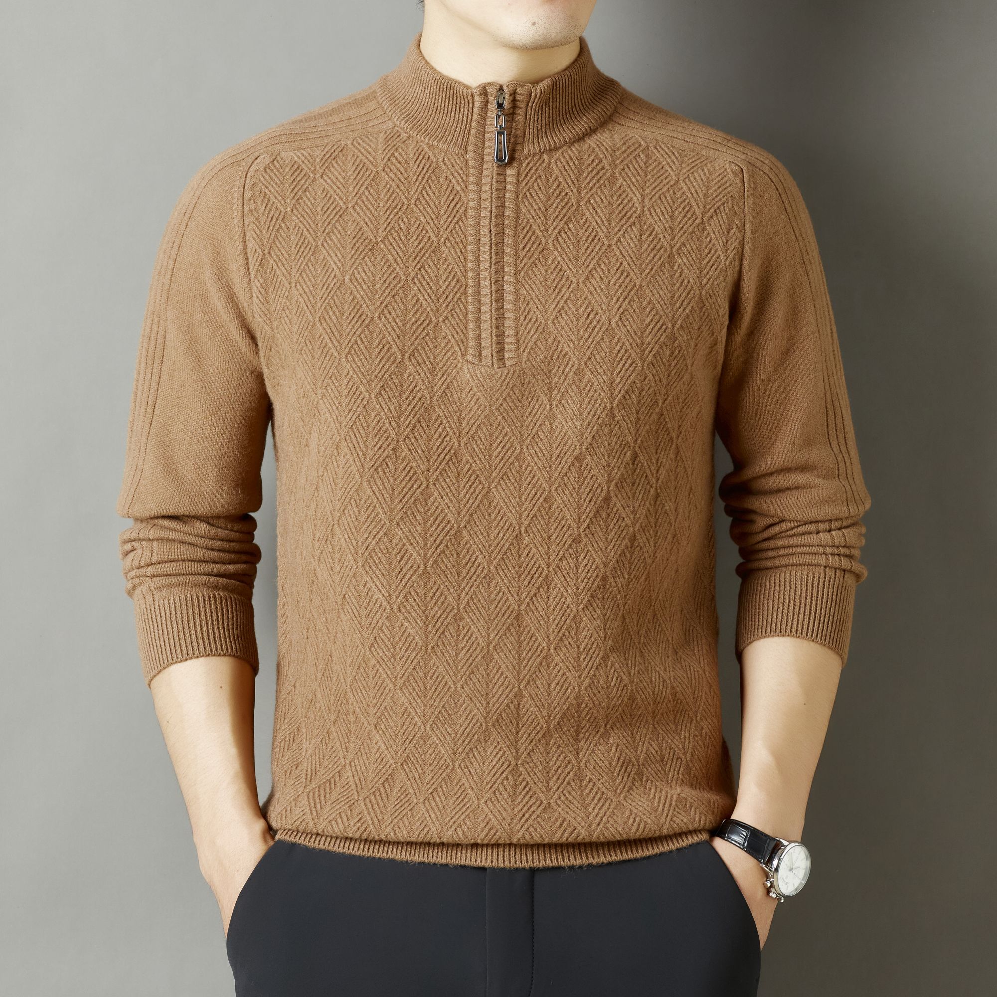 冬季加厚100%纯羊毛衫半拉链保暖全羊毛衫针织毛衣羊毛衫