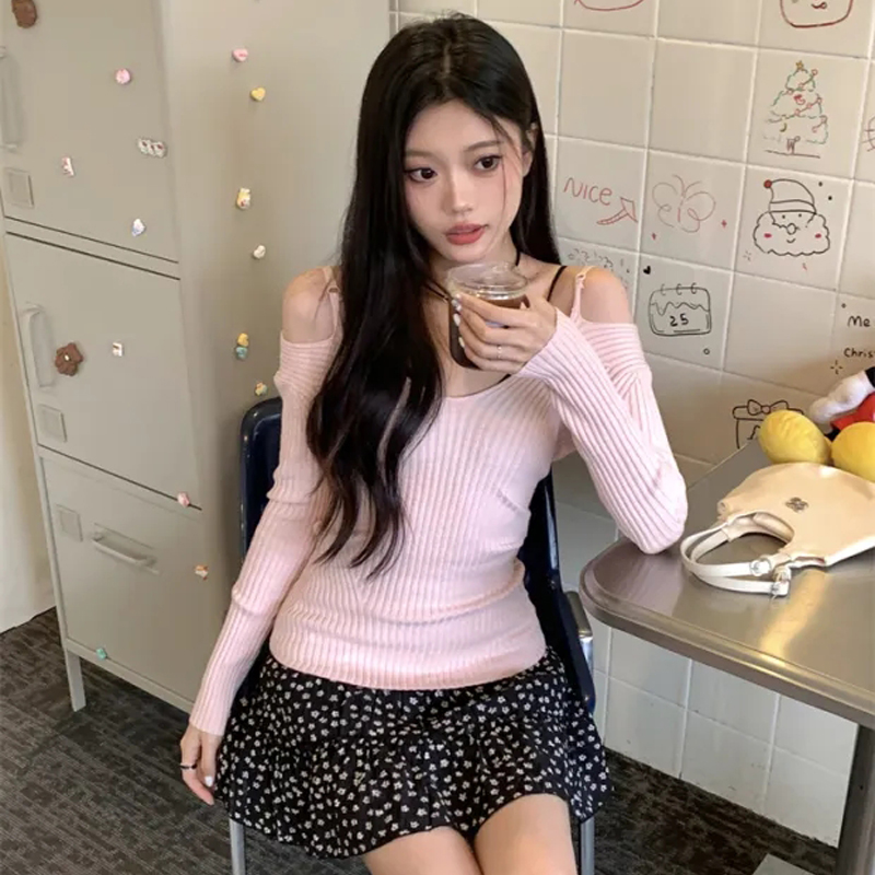 打底衫女款爆款2025新款时尚辣妹V领修身长袖针织衫芭蕾风上衣