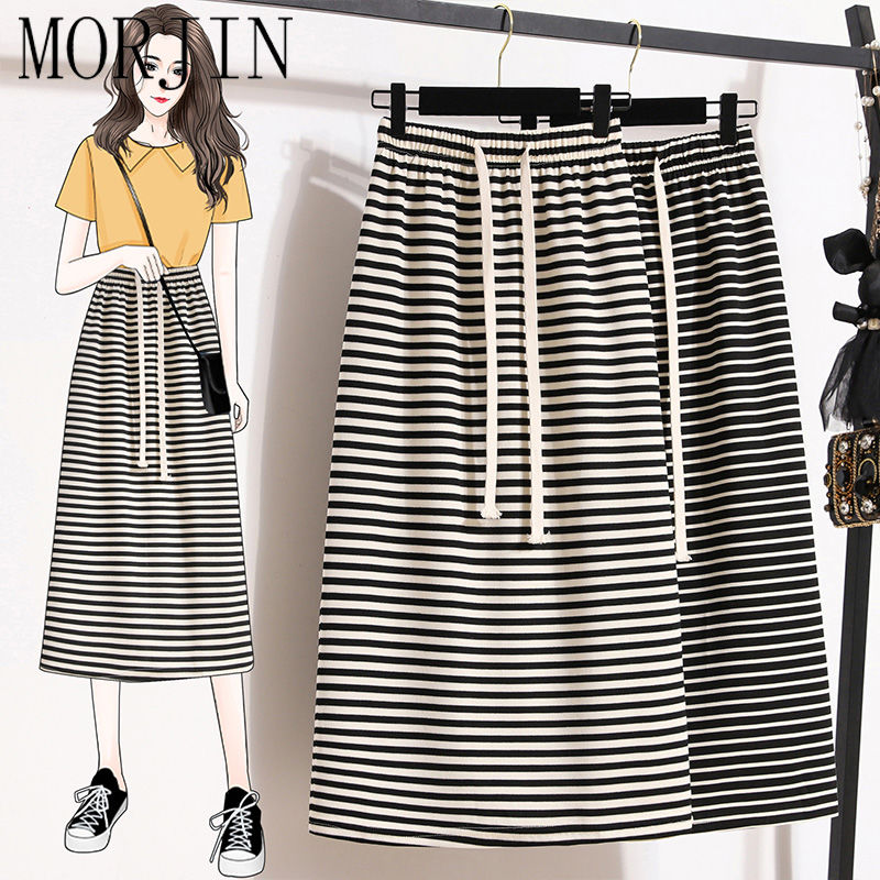 大码胖m显瘦条纹直筒半身裙女春夏季新款中长款遮胯遮肉休闲a字裙