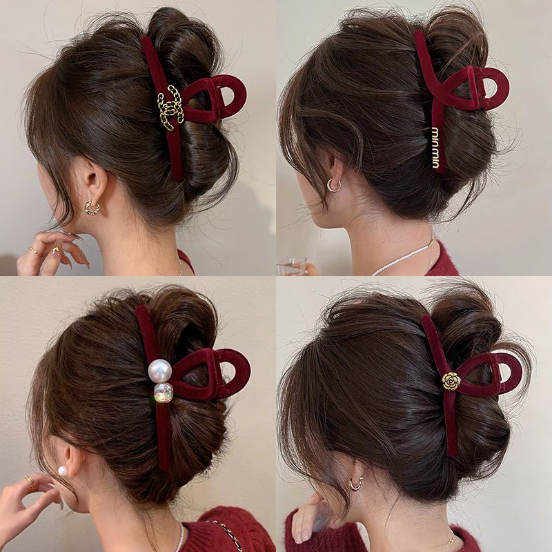 红色丝绒13cm大抓夹过年必备2024秋冬新款后脑勺鲨鱼气质夹子发饰