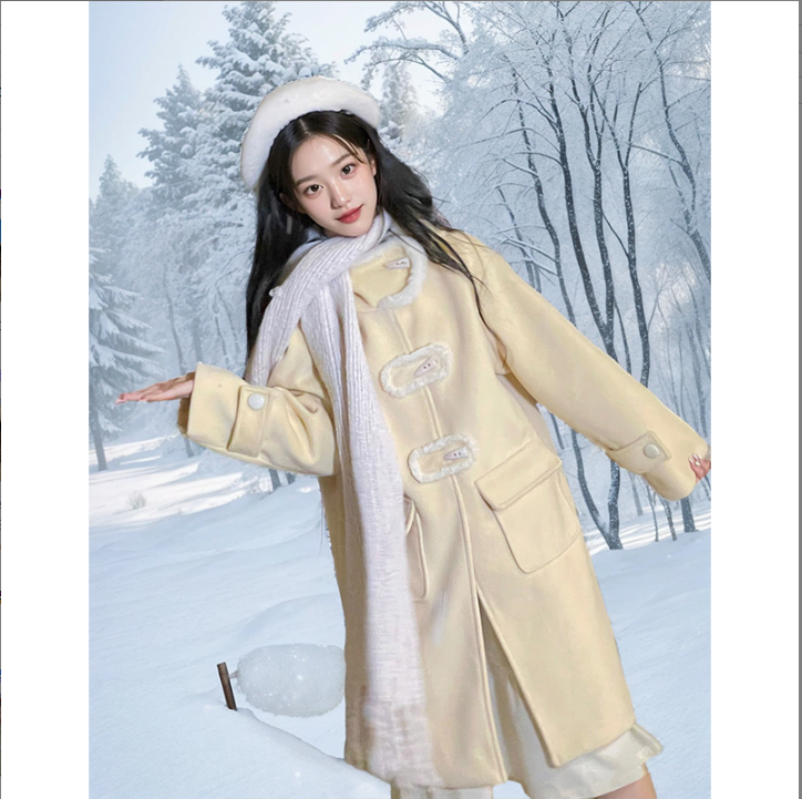 温柔奶黄毛呢外套女2024冬季减龄牛角扣中长款大码学院风呢子大衣