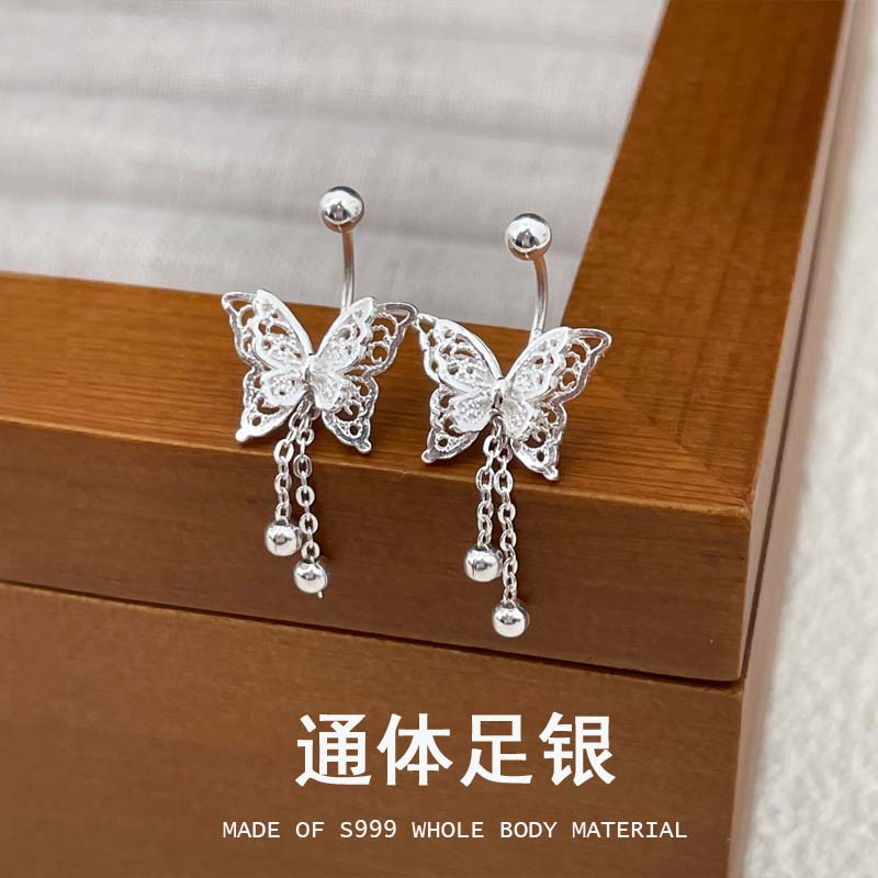 足银耳饰 【蝶梦】通体999足银流苏蝴蝶耳环女超仙纯银耳钉耳饰E411