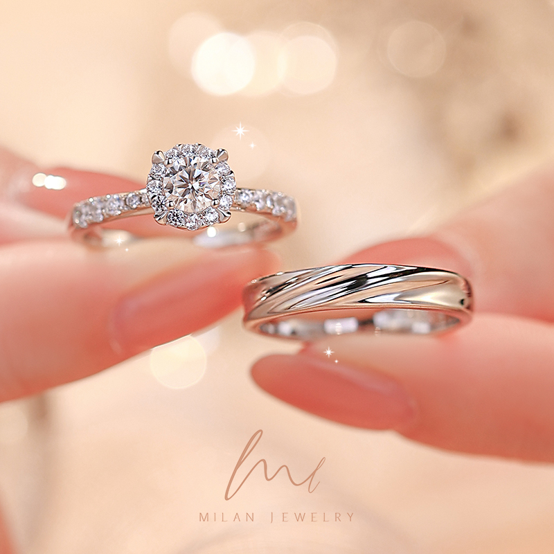 秘蓝 925银莫桑石戒指 礼遇对戒钻戒/情侣婚戒结婚礼仪式轻奢时尚