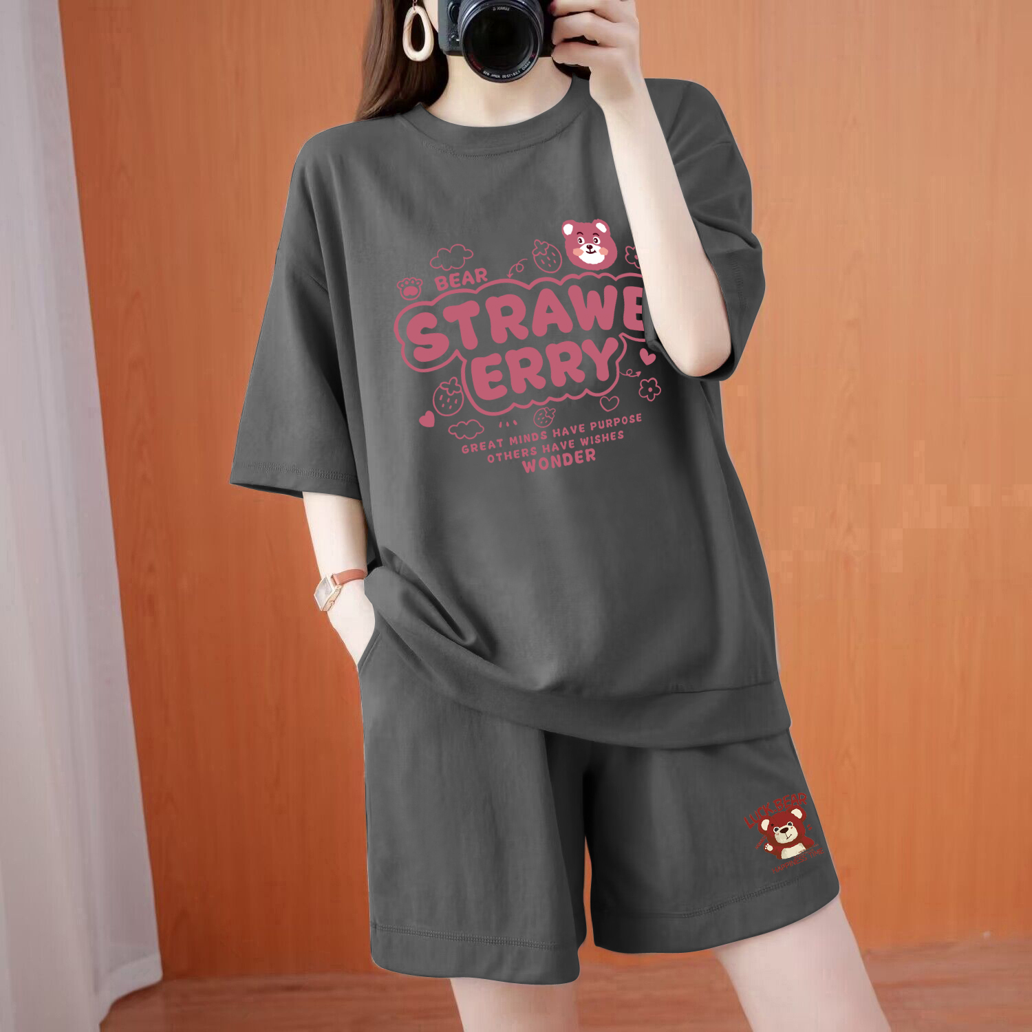 100%棉运动短袖T恤两件套女夏纯棉宽松显瘦休闲套装大码学生运动