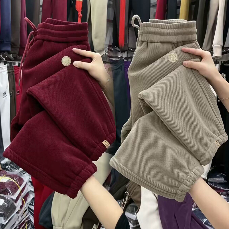 冬季加厚加绒韩版束脚卫裤女宽松保暖休闲裤松紧腰靴裤哈伦裤潮流