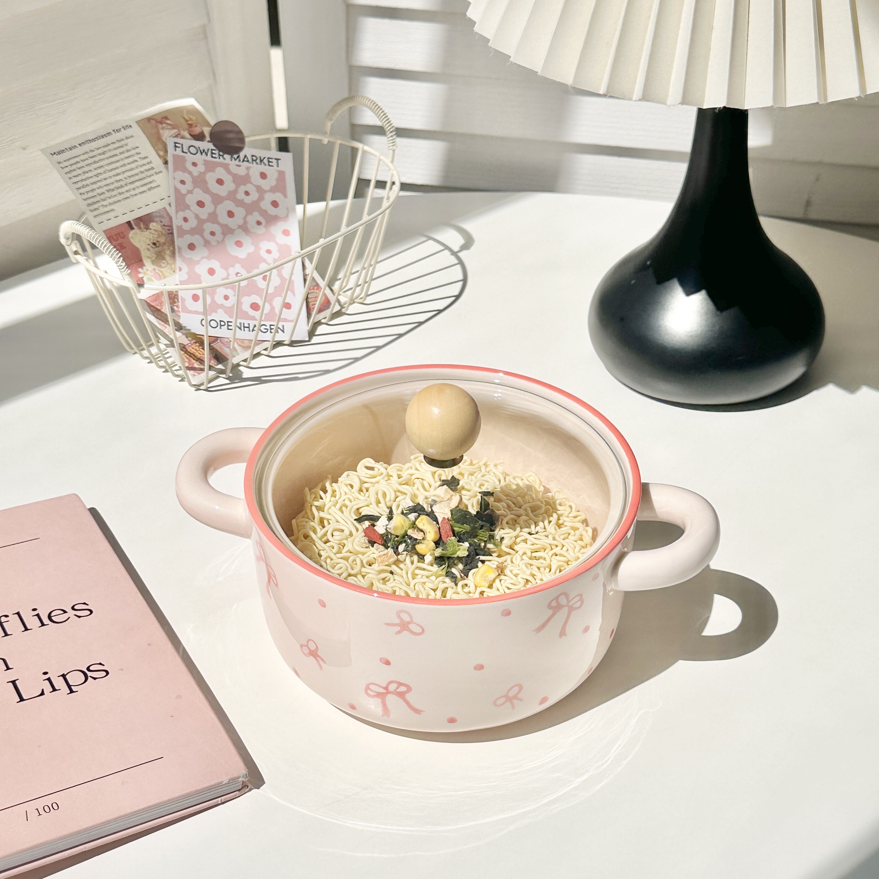 【可爱蝴蝶结】8英寸双耳泡面碗陶瓷釉下彩工艺可爱家用创意餐具