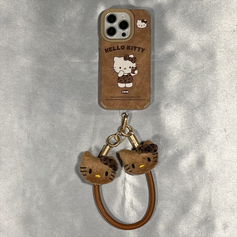 秋冬棕皮凯蒂猫适用iPhone16苹果13皮纹手机壳15promax卡通14创意
