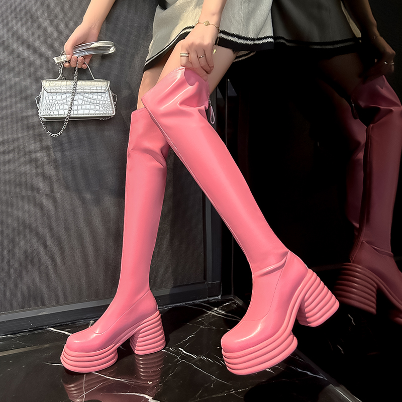 小个子厚底粗跟增高9cm弹力靴女2025爆款洋气粉色高筒长靴骑士靴