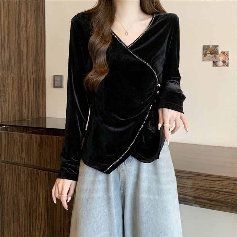 2206大码女装秋冬金丝绒v领正肩长袖T恤胖mm显瘦内搭打底衫上衣