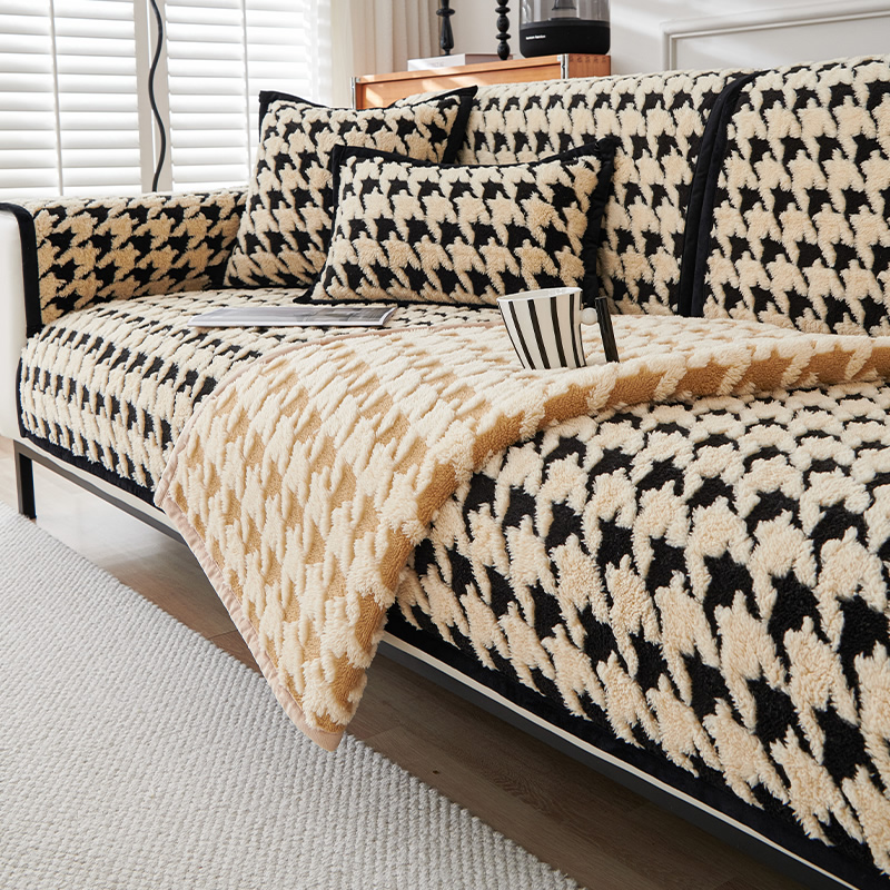 【千鸟格-长毛绒】秋冬加厚长毛绒客厅沙发防滑坐垫子套罩盖巾布