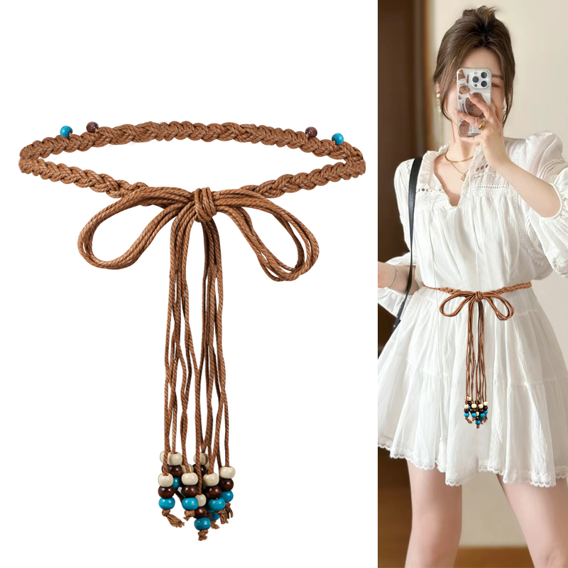 波西米亚风棕色腰带女装饰配连衣裙子复古编织腰绳夏季民族风配饰