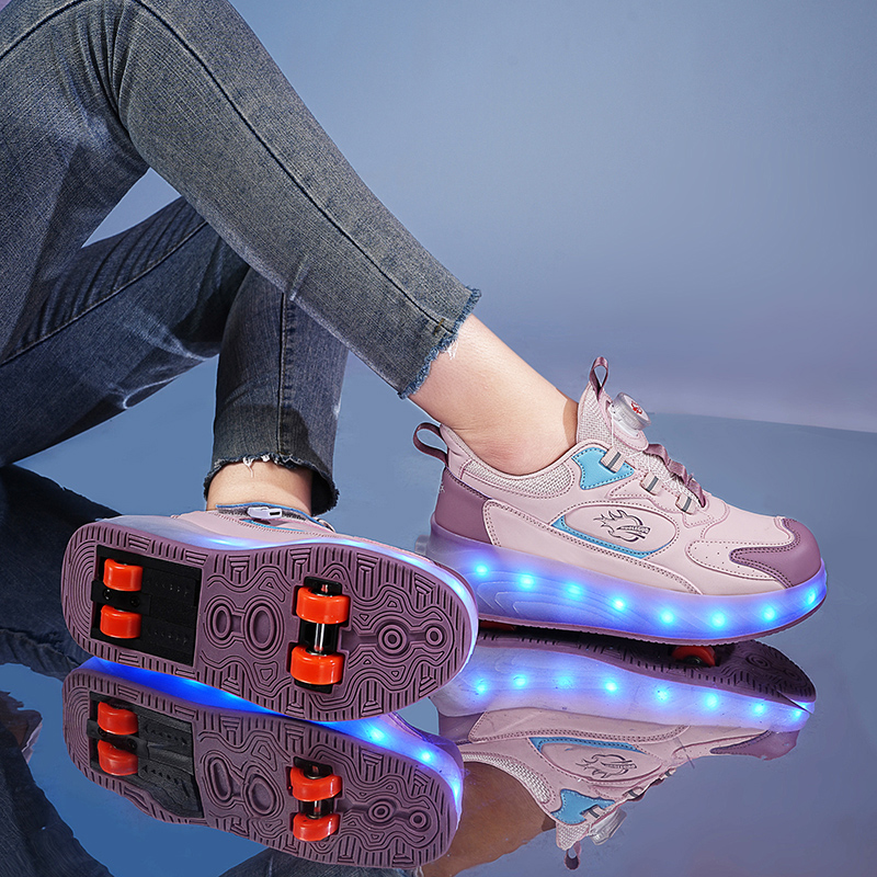 旋转纽扣女童暴走鞋自动款可伸缩男童四轮可走路运动滑轮鞋底带轮