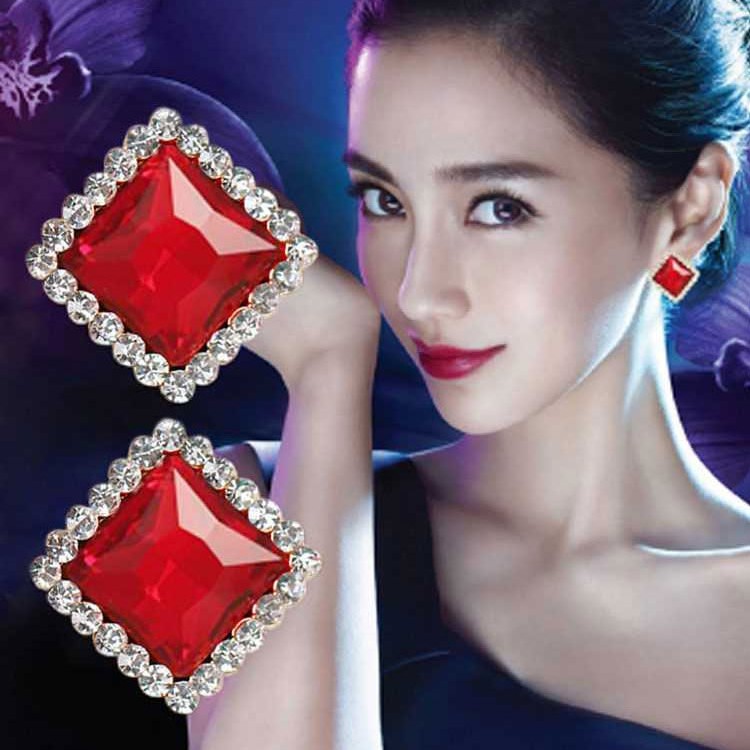 钛钢合成锆石耳饰 韩版红色方形925银耳钉甜美气质满钻轻奢时尚女