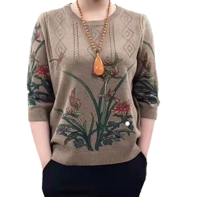 G春秋新款针织衫水仙花中老年漂亮妈妈面料柔软舒适宽松时尚针织