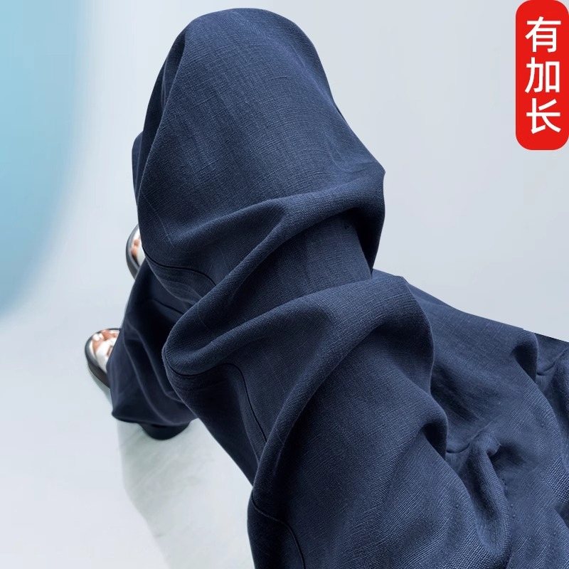 藏青色加长莱赛尔天丝亚麻裤女高个子2025夏薄款直筒阔腿显瘦裤子