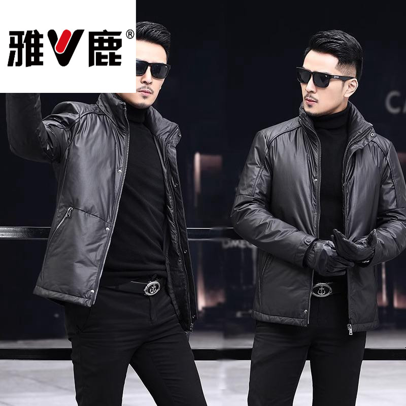 雅鹿2025新款绵羊皮衣男服立领短款海宁休闲加绒加厚夹