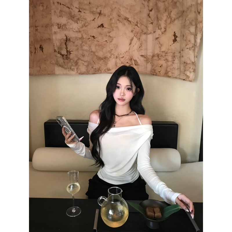 韩系纯欲时髦气质收腰显瘦一字肩长袖上衣高腰慵懒风休闲阔腿长裤