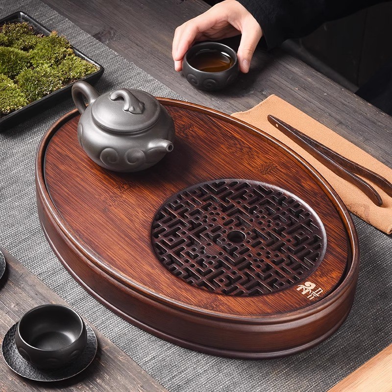茶盘家用竹制小型茶台托盘排水沥储水式干泡盘茶具椭圆形茶海茶台