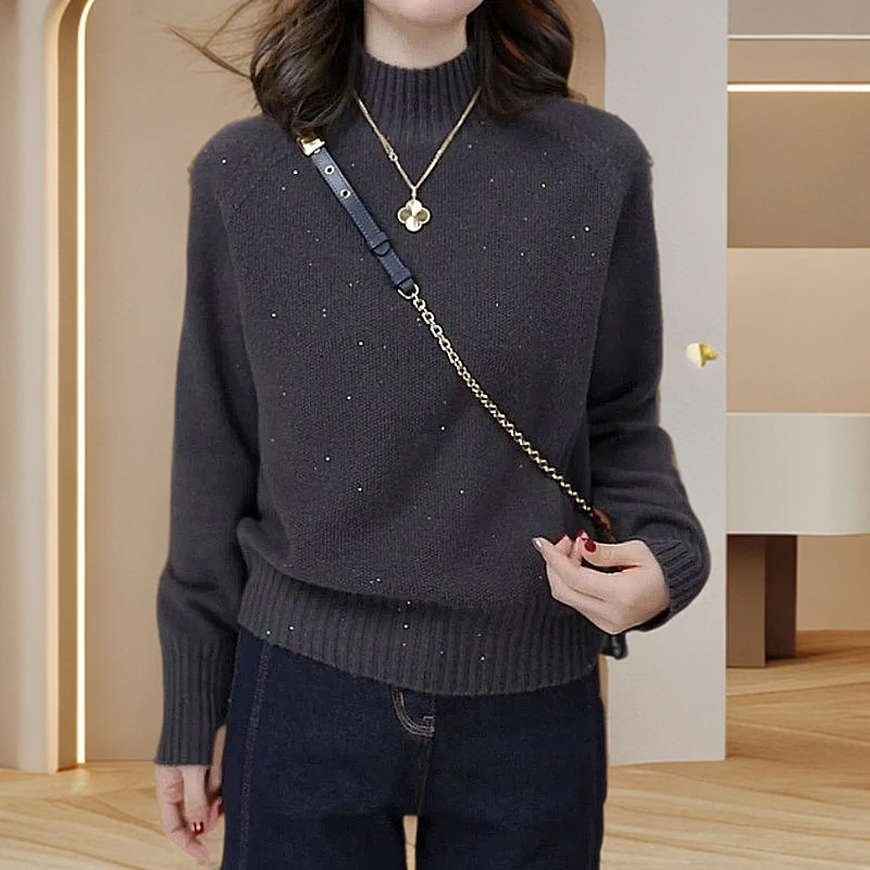爆款针织衫女士半高领套头灰色打底衫2025新款秋冬季时髦亮片毛衣