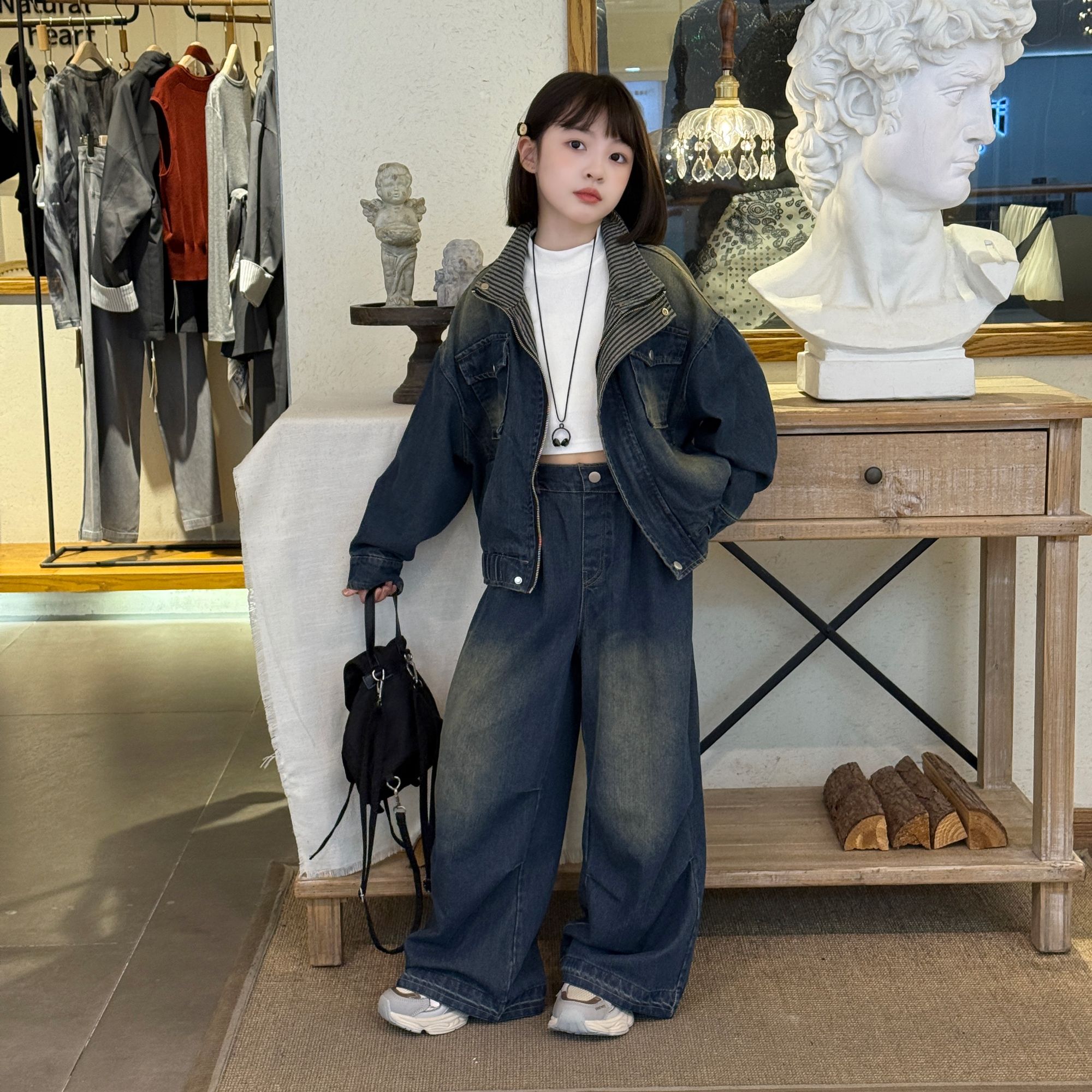 美式复古做旧牛仔短外套套装2025女童设计感宽松百搭工装夹克上衣