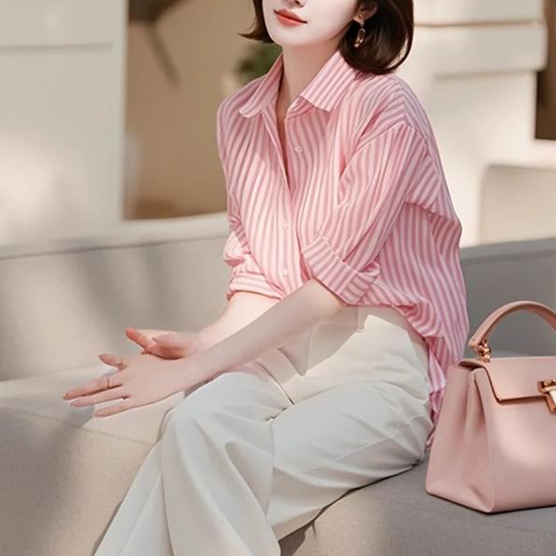双11流光风莱赛尔洋气法式时尚条纹衬衫春秋新款韩版宽松雪纺上衣